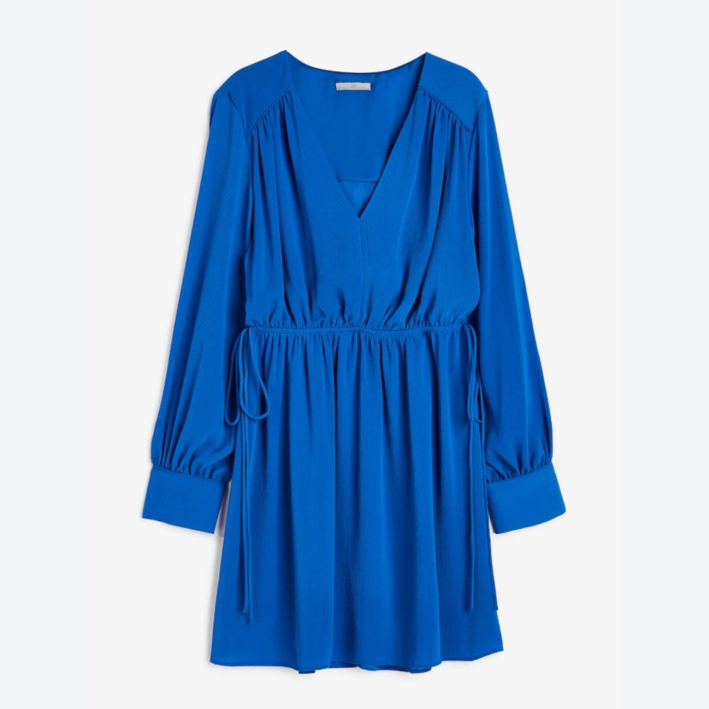 Elegant Blue drawstring V-neck Dress, large